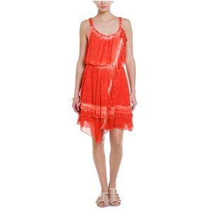 Free People Mini Dress Size S Orange White Tie-Dye Bohemian Ruffle Elastic Waist